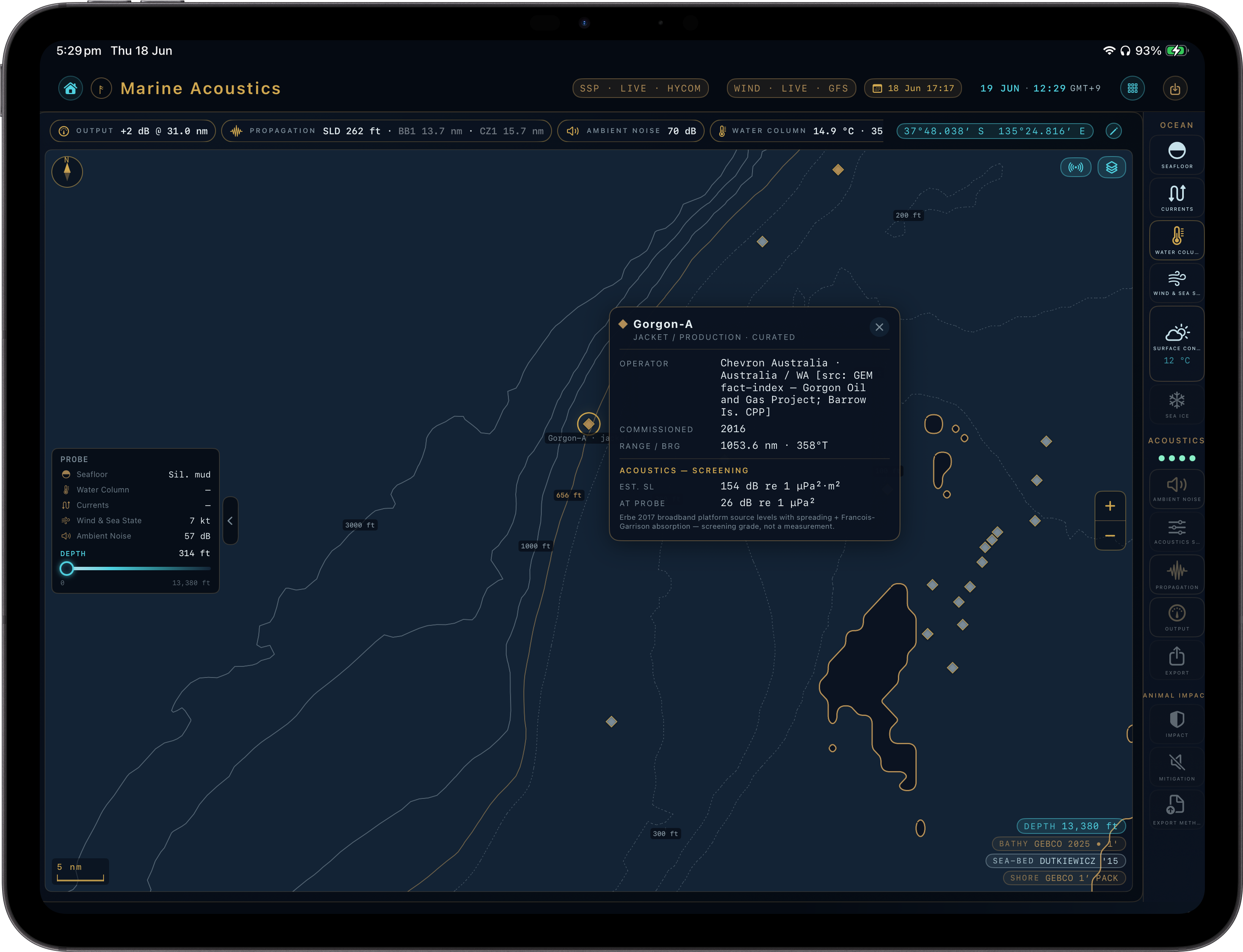 Ægir Prediction on iPad Pro — offshore-platform acoustic screening with source levels.