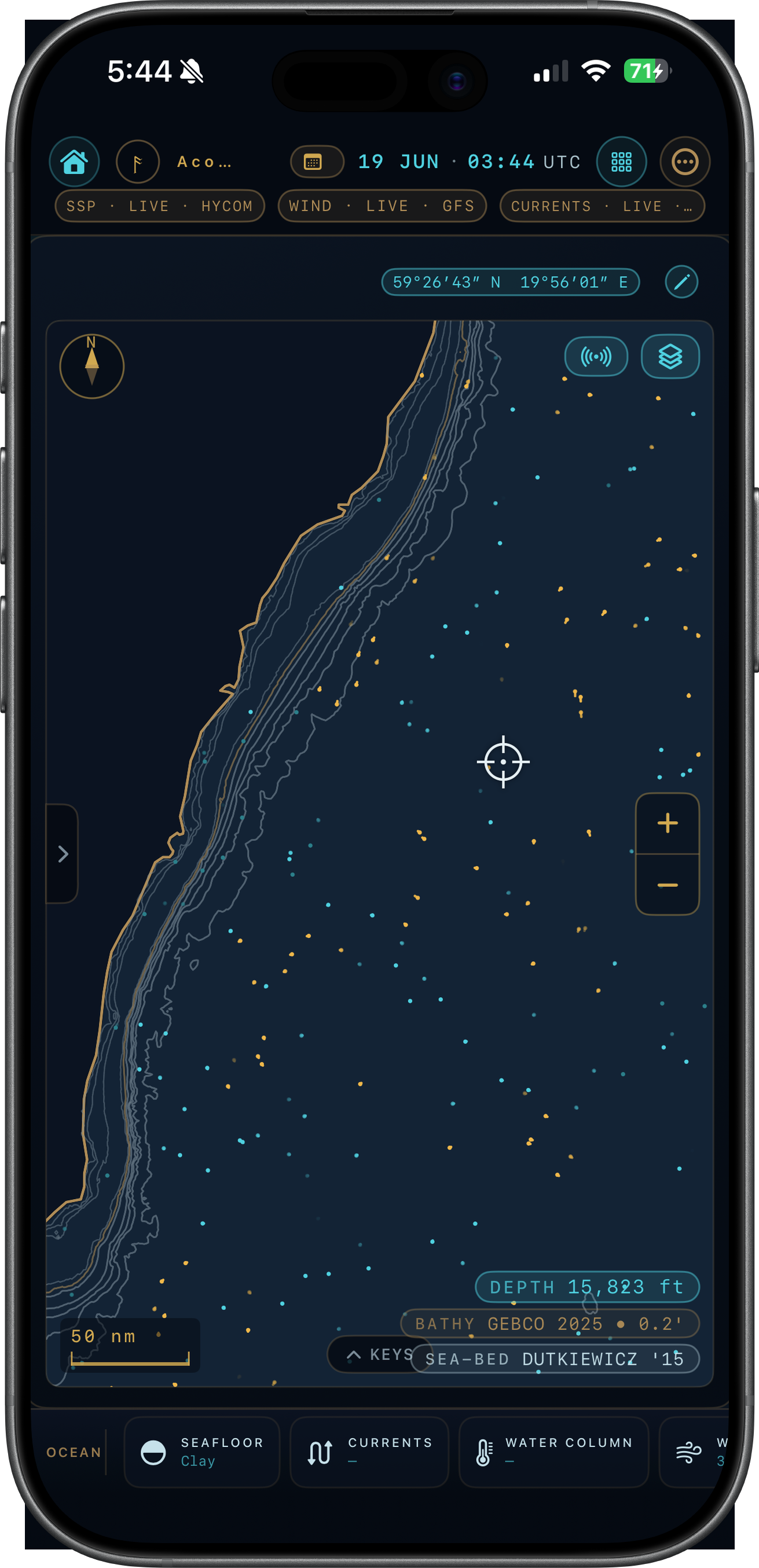 Ægir Prediction on iPhone — coastal bathymetry chart with the probe pin.