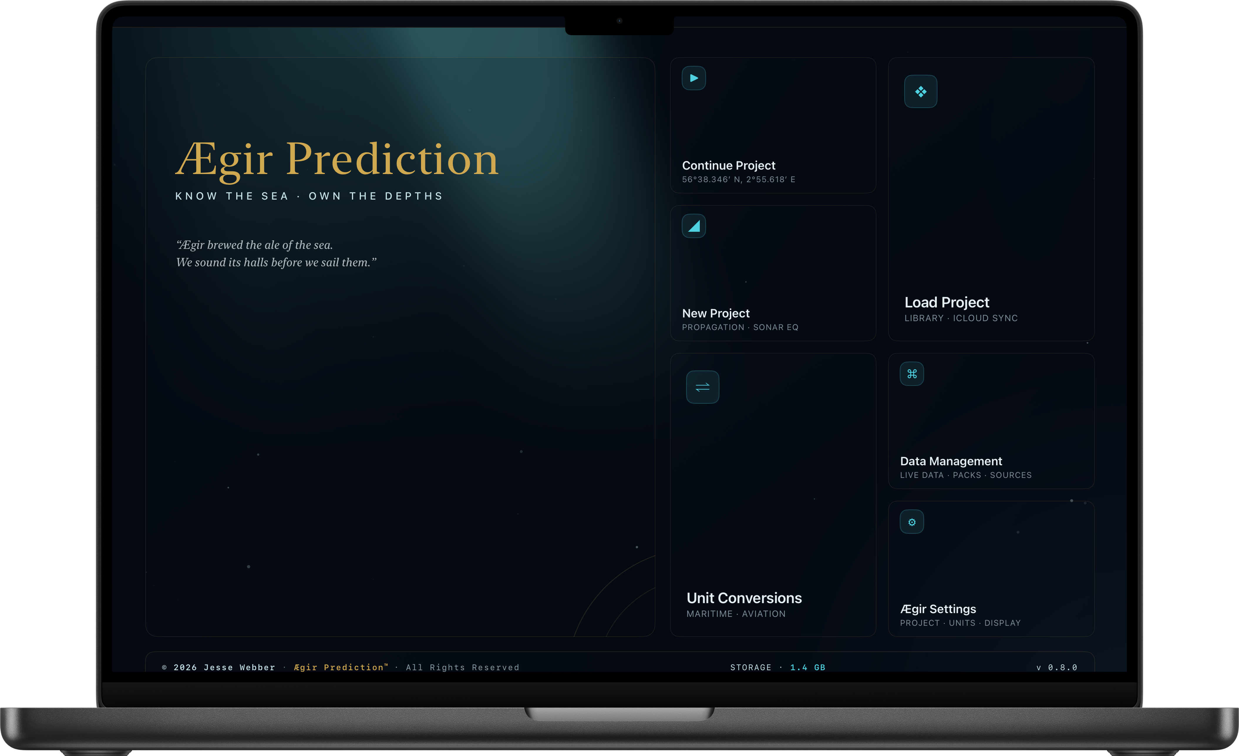 Ægir Prediction on a MacBook Pro — the project landing screen.
