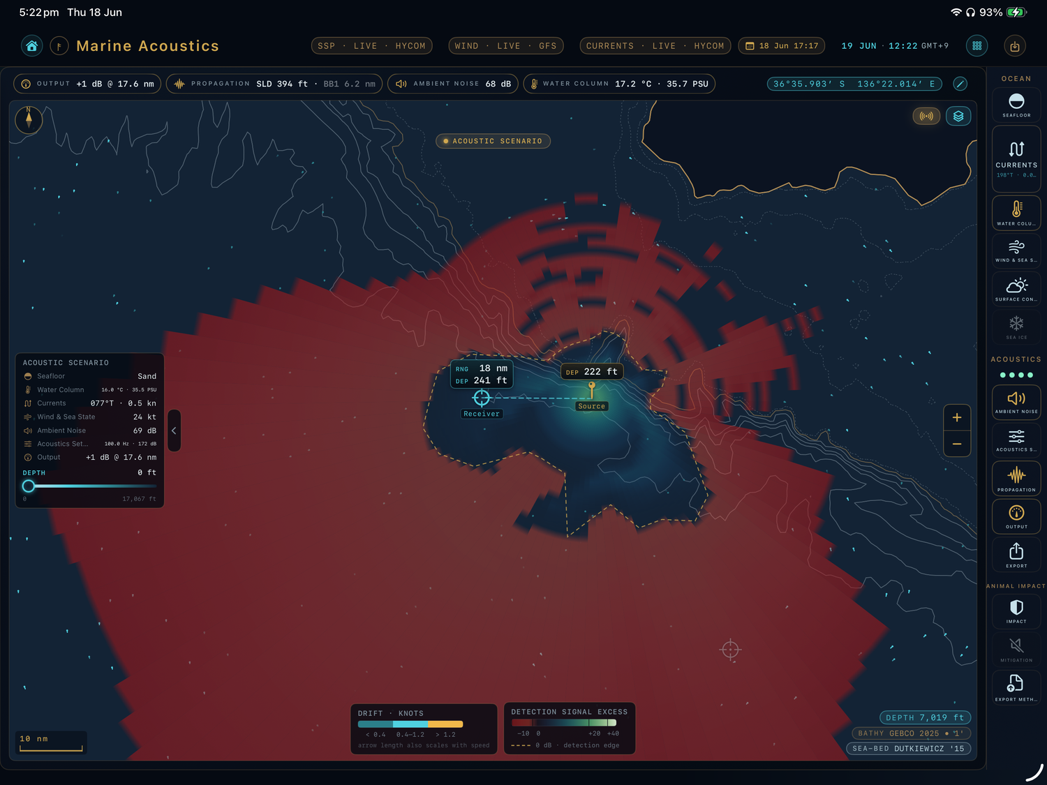 Noise-exposure footprint drawn over a real coastline, with source and receiver geometry and mitigation zones.