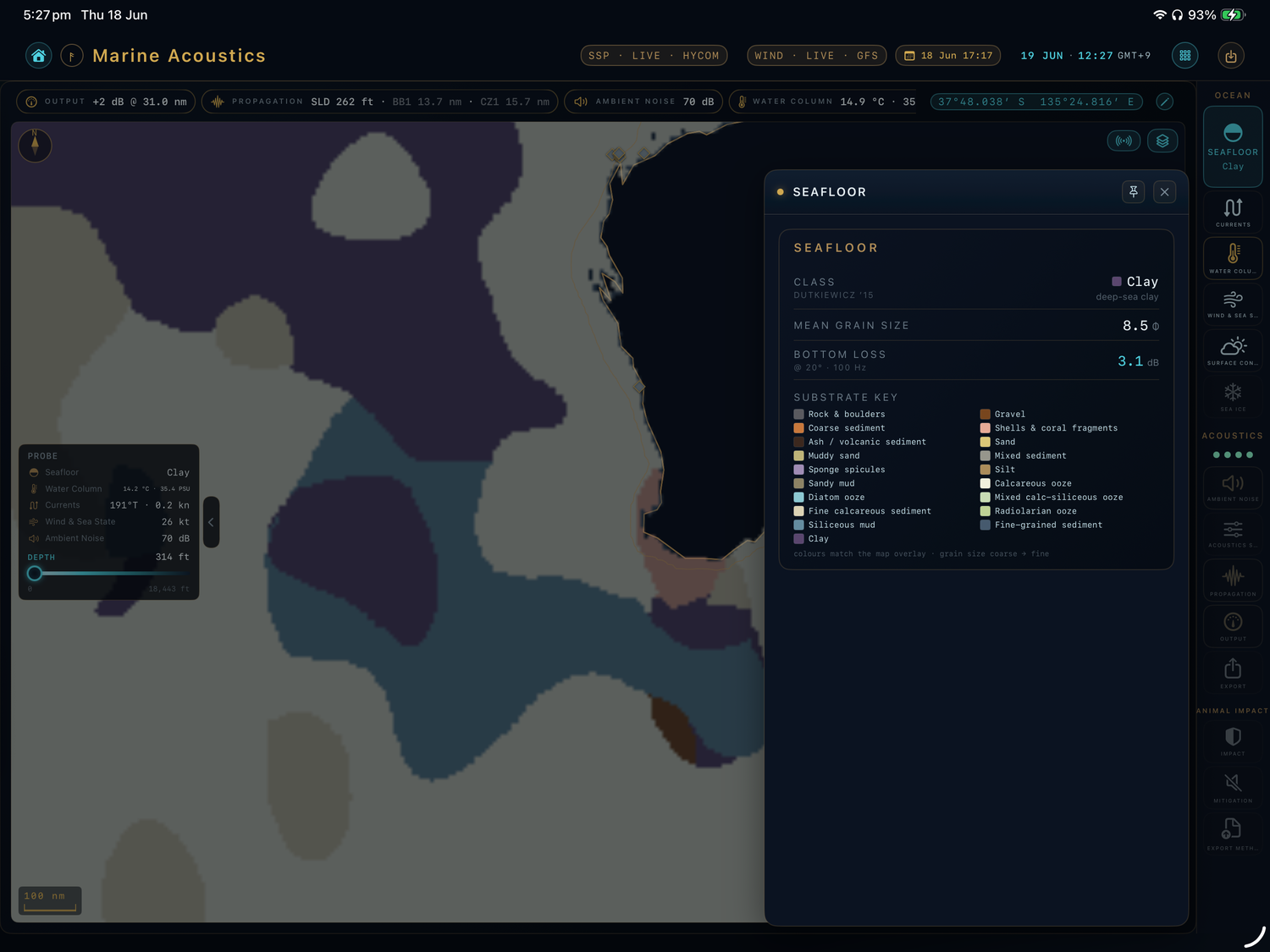 Seafloor panel showing sediment class, mean grain size and bottom loss over a sediment map.